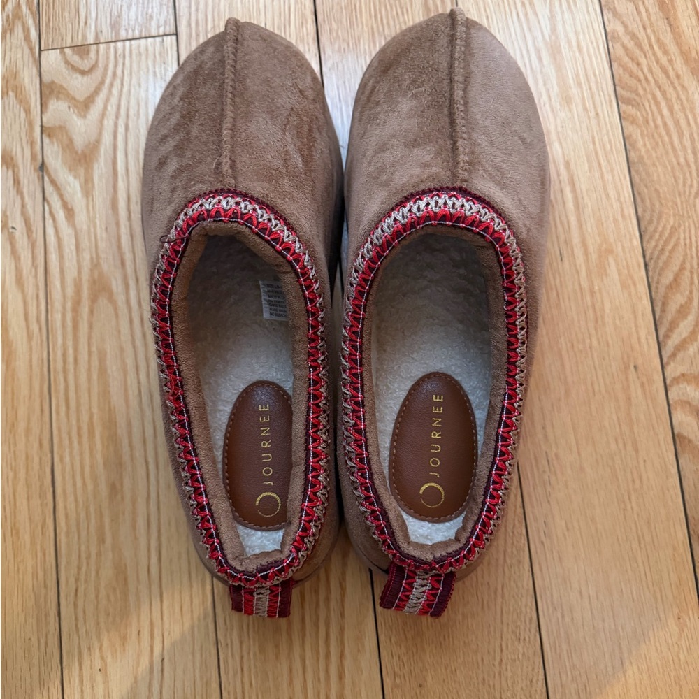 Journee Collection Tan Slip-On Ballet Flats with Red Trim